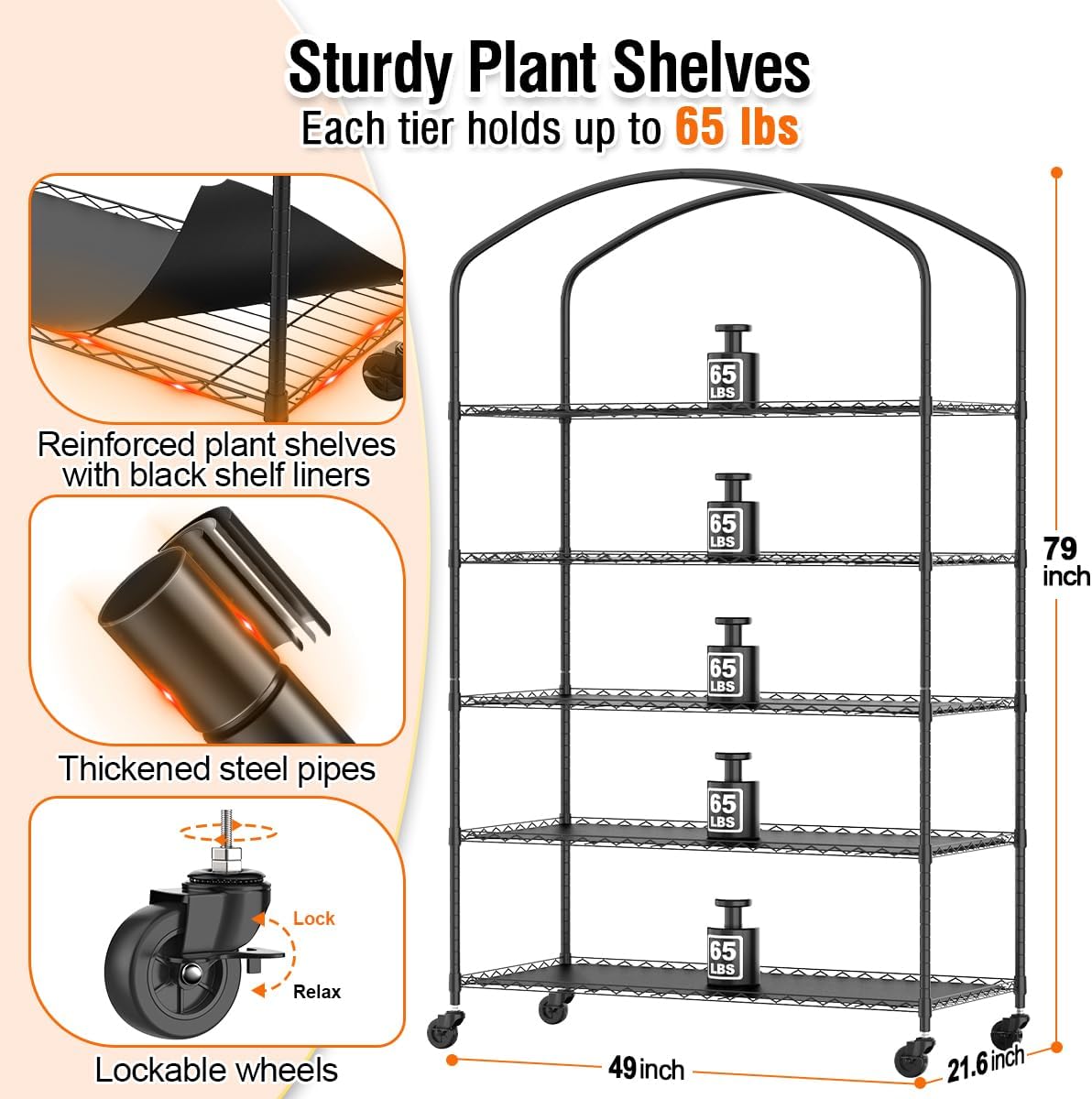 5 Tier Metal Plant Stand with Grow Light & PVC Cover Portable Mini Greenhouse with Shelves Adjustable Small Indoor Green House with Grow Light for Indoor Plants  Seedling Rack 49