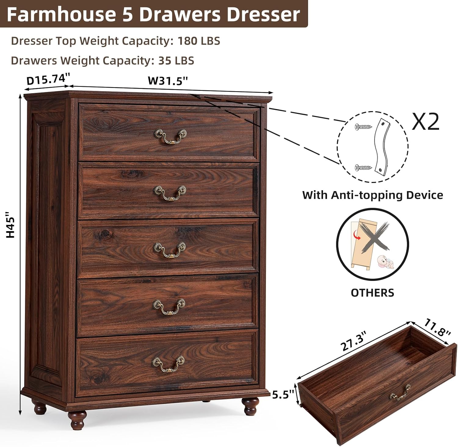 Farmhouse 5 Drawer Dresser for Bedroom, 45