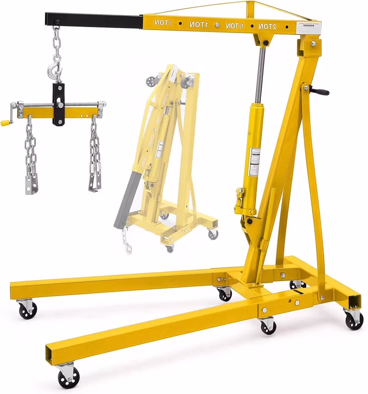 JoanKaren Hydraulic Engine Hoist,4400lbs Max Weight,Folding Engine Lift Shop Crane with Lever and 6 Steel Caster Wheels,Yellow