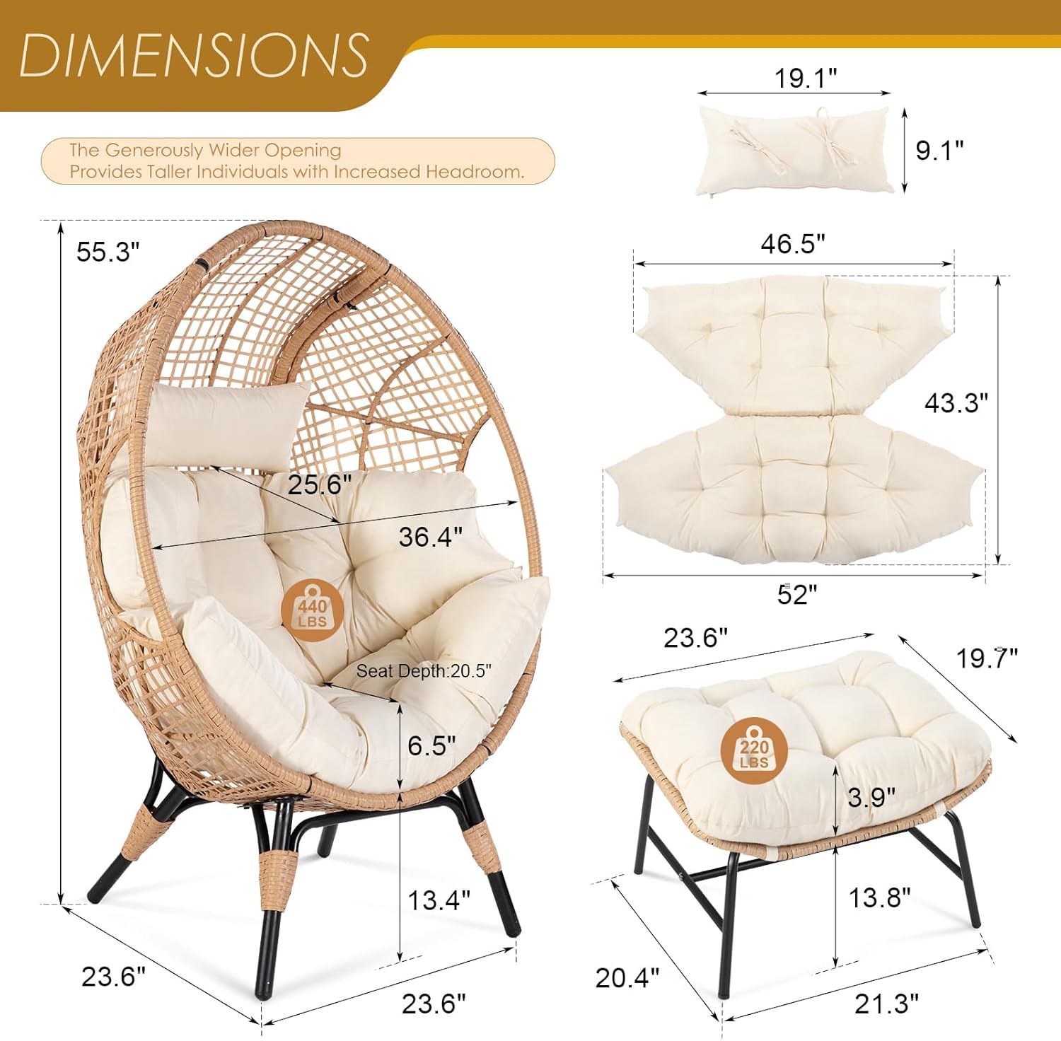 NICESOUL Wicker Egg Chair with Ottoman  Indoor Outdoor Egg Basket Lounge Chair w/Cushion  Oversized Egg Seat with Legs 440 Lbs  Comfy Cozy Boho Style Nest Chair w/Footrest for Patio  Balcony  Beige