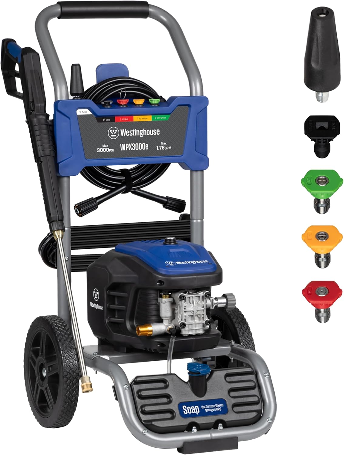 Westinghouse WPX3000e Electric Pressure Washer  3000 Max PSI and 1.76 Max GPM  Induction Motor  Onboard Soap Tank  Spray Gun and Wand  5 Nozzle Set  for Cars/Fences/Driveways/Homes/Patios/Furniture