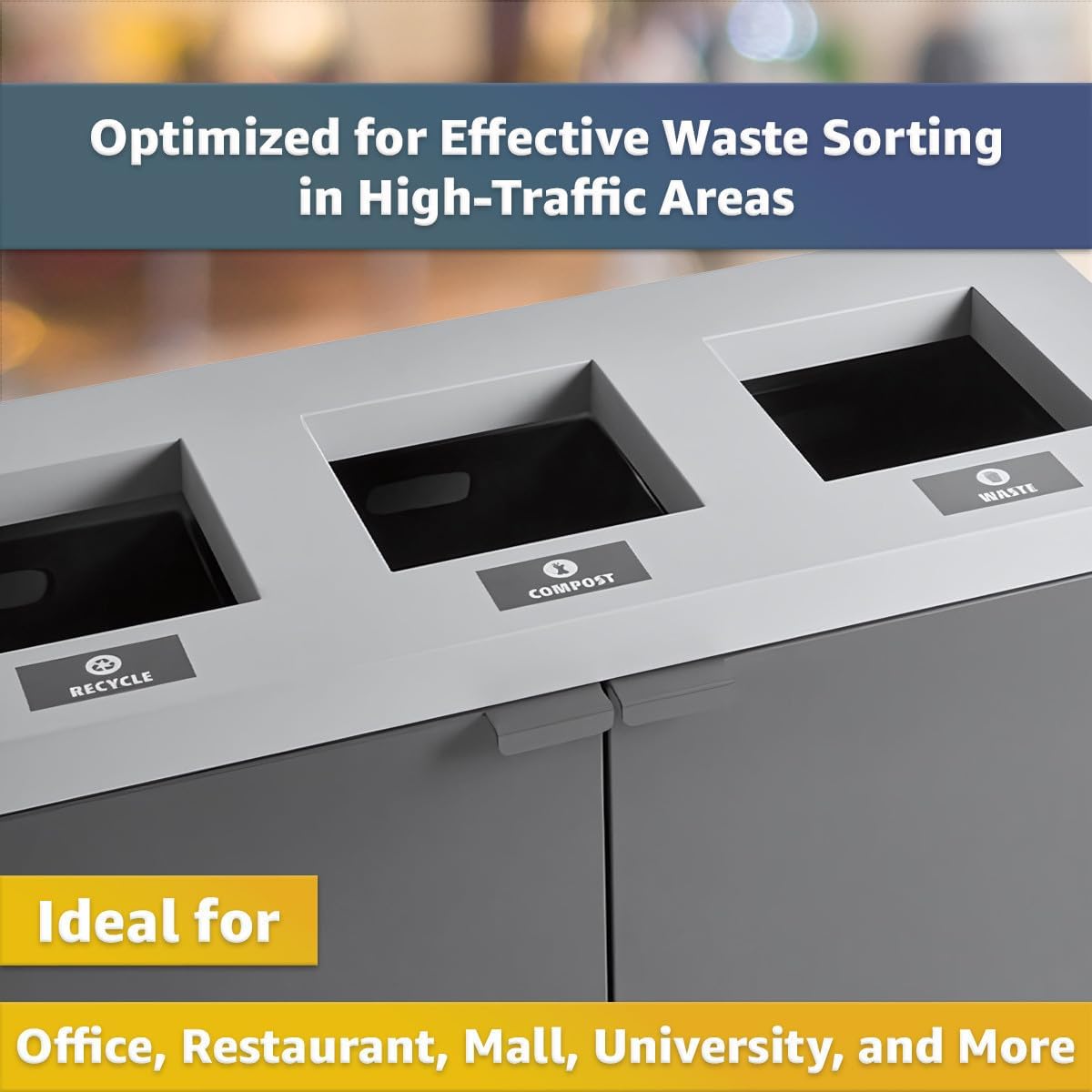 86-Gallon Commercial Steel Three-Stream Trash Can Cabinet, Recycling Center, Dark Gray