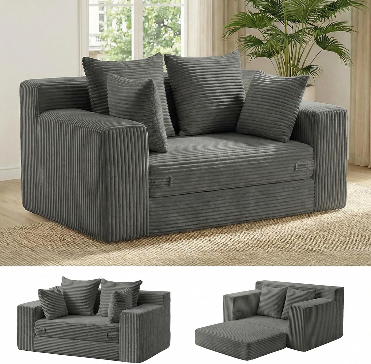 Boneless Couch Loveseat Sleeper, Convertible Sofa Bed Folding Couch Bed Foldable, 2 in 1 Boneless Chair Bed & Futon Sofa Bed, Small Pull Out Sofa with 4 Pillows for Living Room, Grey | No Assembly, Convertible, 2 in 1, Pull Out Handle, 4 Pillows