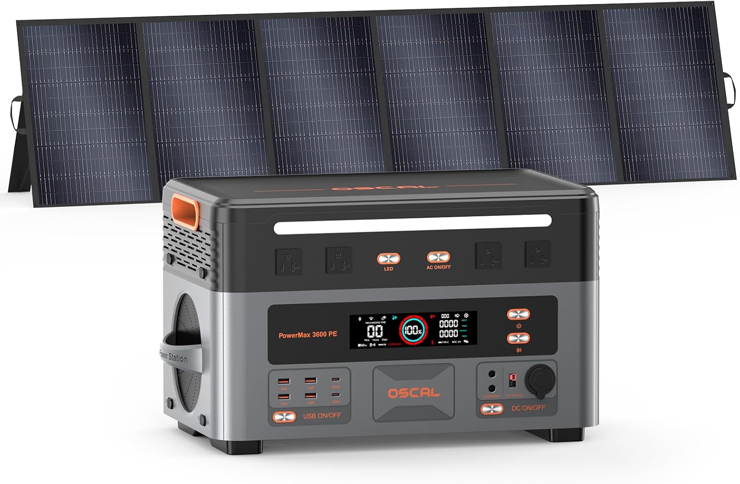 OSCAL 3600W Portable Power Station PowerMax 3600PE with 500W Solar Panel  2016Wh Solar Generator  1500W AC Charging  LiFePO4 Battery Power Station for Home Use  Camping  RV  Emergency