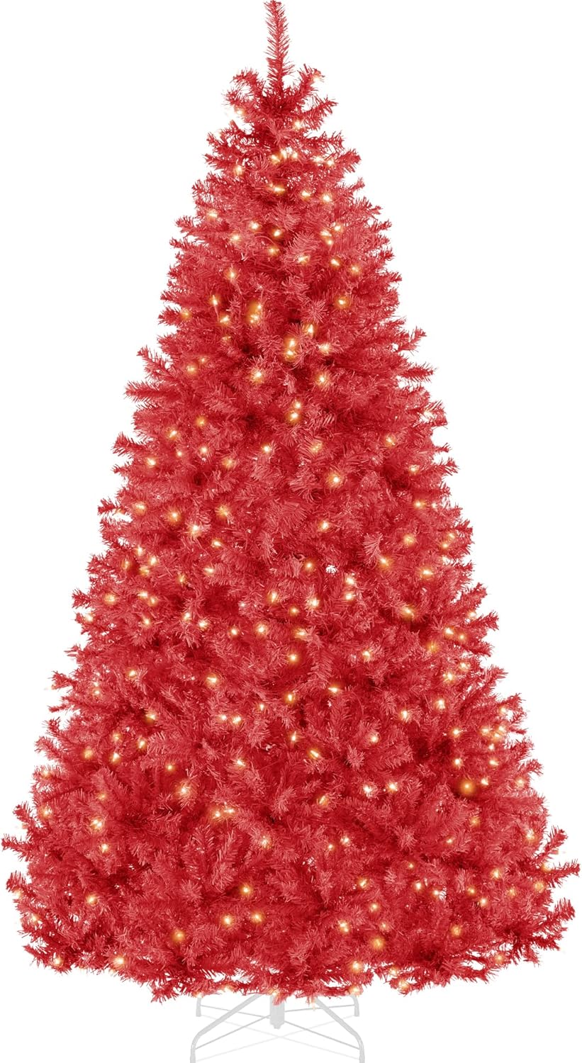 Best Choice Products 7.5ft Pre-Lit Red Christmas Tree, Full Artificial Holiday Decoration w/ 1,350 Branch Tips, 550 Lights, Foldable Base