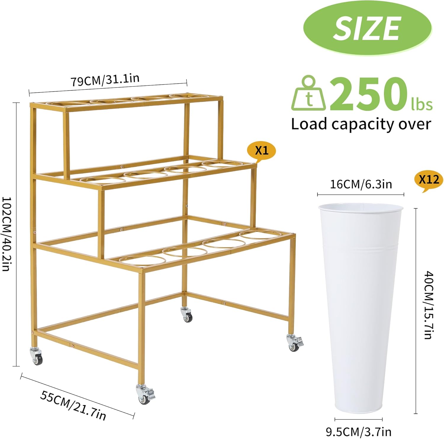 Flower Cart Display Stand  3 Layers Metal Flower Bar Stand with 360° Swivel Wheels and Brake  Flower Display stand with Iron Buckets  Durable than Plastic Buckets  Flower Holder for Florist or Wedding