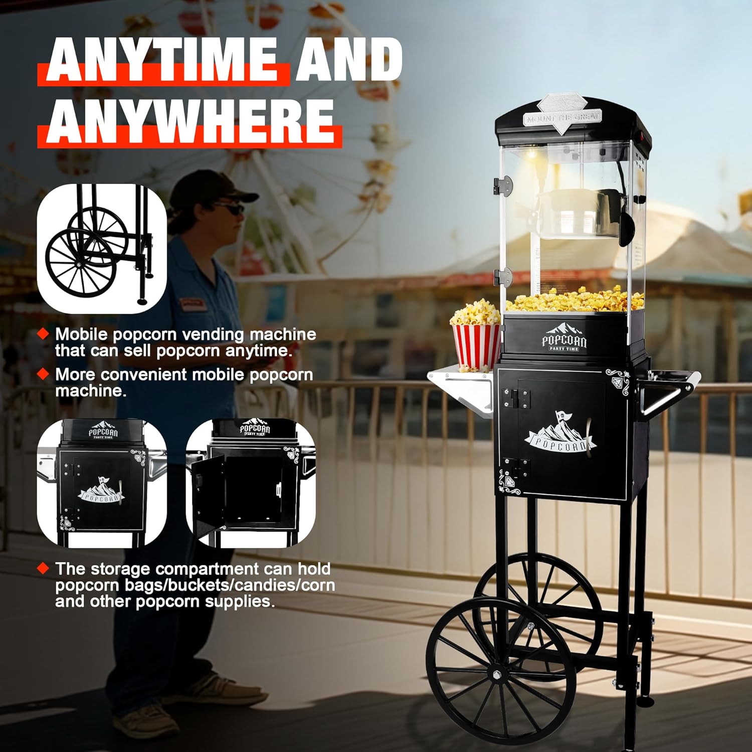 Popcorn Maker Machine - Professional Cart With 10 Oz Kettle Makes Up to 60 Cups, Stainless Steel Vintage Commercial Popcorn Machine Movie Theater Style (Black)