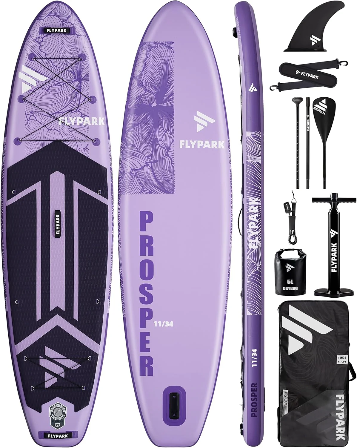 11-inch x 34-inch inflatable paddleboard, ultra-wide SUP equipment, capable of carrying 420 pounds / 3 adults, yoga standing paddleboard, 110-liter backpack, 15 D-rings, shoulder straps, dual-action inflatable pump