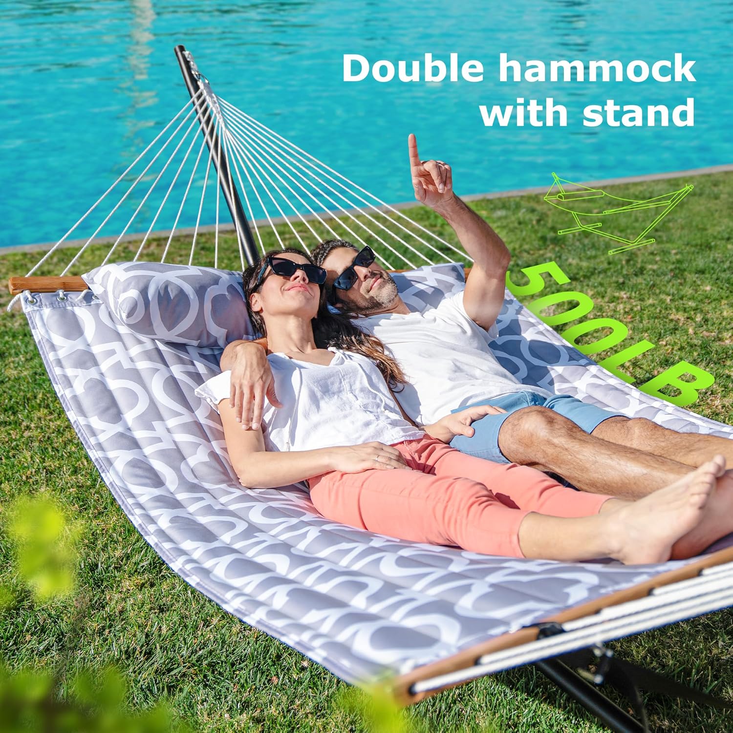 Double Hammock with Stand for Outdoor  Heavy Duty Portable Hammock with Adjustable Steel Stand for Patio  Garden  Beach  Backyard - Includes Carrying Bag White Grey
