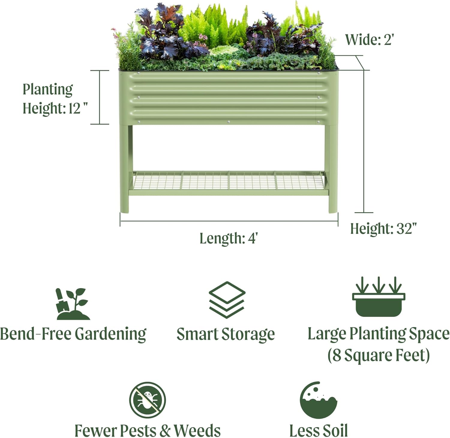 Elevated Raised Garden Bed-V Series  2' x 4' Garden Beds with Legs & Storage Rack for Patio Porch  700 Lbs Weight Capacity  Outdoor Planter Boxes for Gardening Herbs Vegetables Flowers  Olive Green