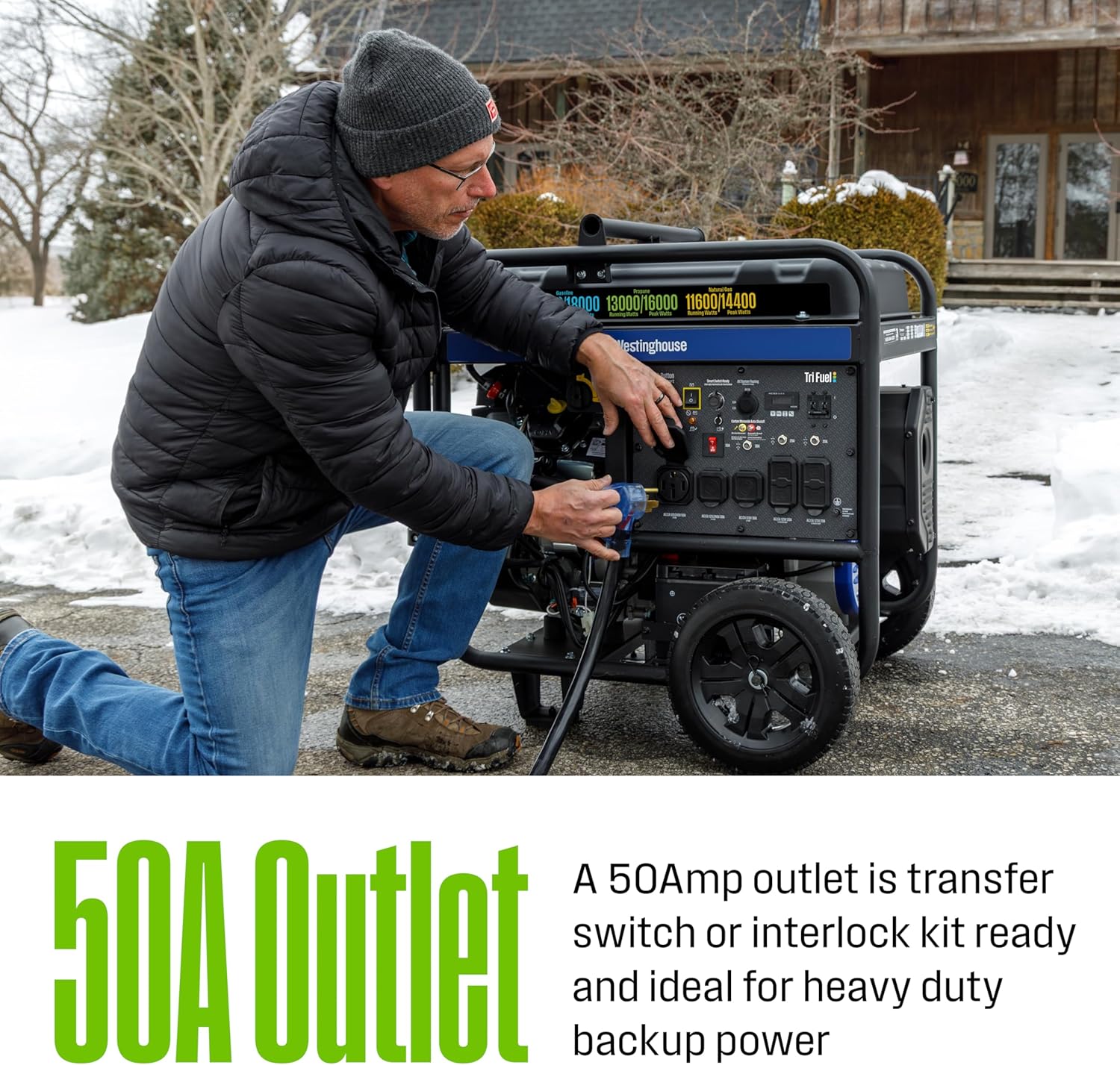 Westinghouse 18000 Peak Watt Tri-Fuel Home Backup Portable Generator  Remote Electric Start  Transfer Switch Ready  Gas  Propane  and Natural Gas Powered  CO Sensor