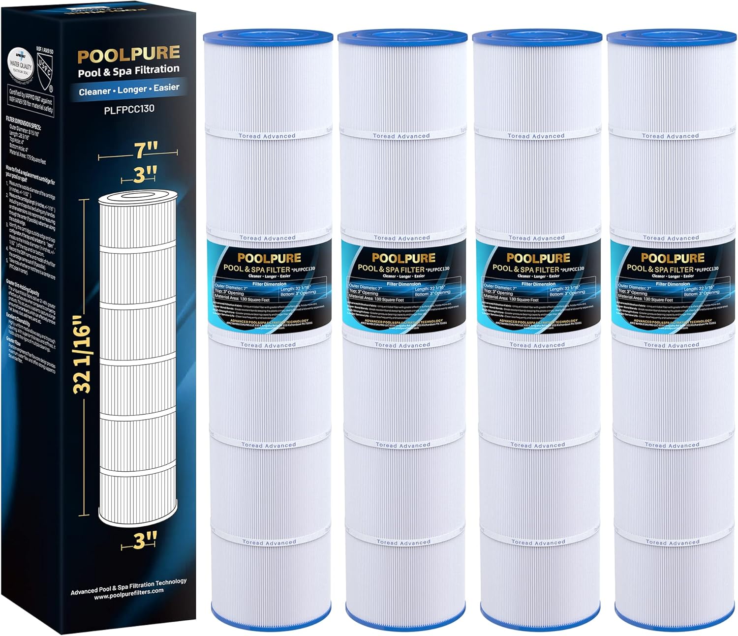 POOLPURE PLFPCC130 Pool Filter Replaces Pentair CCP520  R173578  PCC130  Ultral-A7  Unicel C-7472  Filbur FC-1978  FC-6475  Pentair Clean and Clear Plus 520  817-0131  178585  L x OD: 32 1/16
