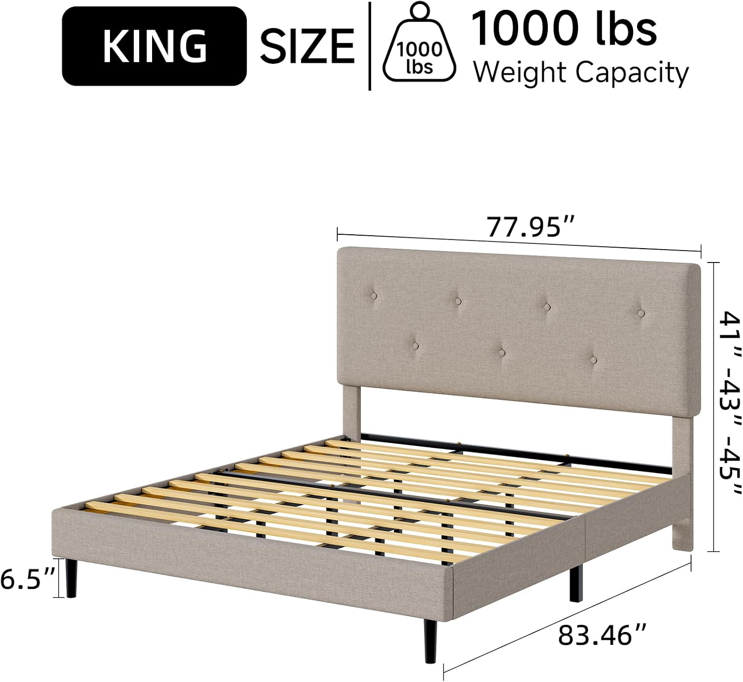 King Size Linen Bed Frame, Upholstered Platform Bed Frame with Adjustable Headboard, Wooden Slats Support, Easy Assembly, No Box Spring Needed, Beige