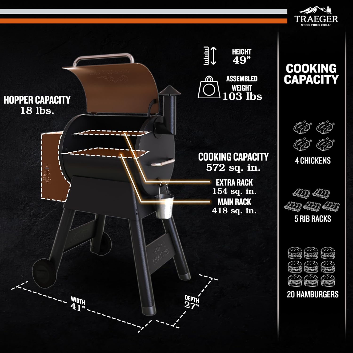 Traeger Grills Pro 22 Wood Pellet Grill & Smoker  Electric Pellet Smoker Grill Combo  6-in-1 BBQ Versatility  572 sq. in. Grilling Capacity  Meat Probe  450 Degree Max Temperature  18LB Hopper  Bronze