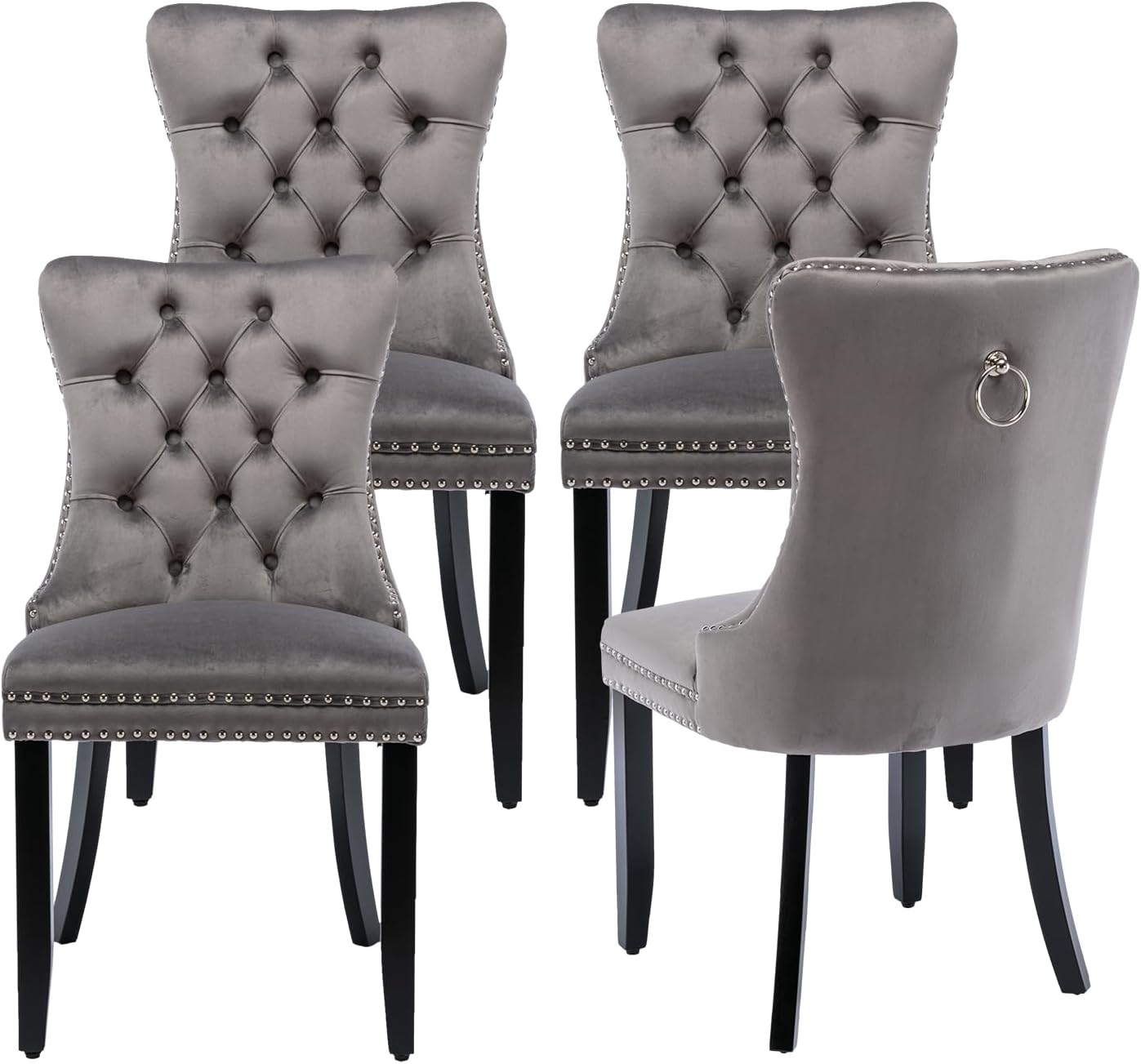 Modern Kitchen Chairs Set of 4 Grey Velvet Dining Room Chairs with Back Ring Pull Nailhead Trim Solid Wood Leg Upholstered Tufted Table Chair for Western Restaurant Living Powder Room Hotel