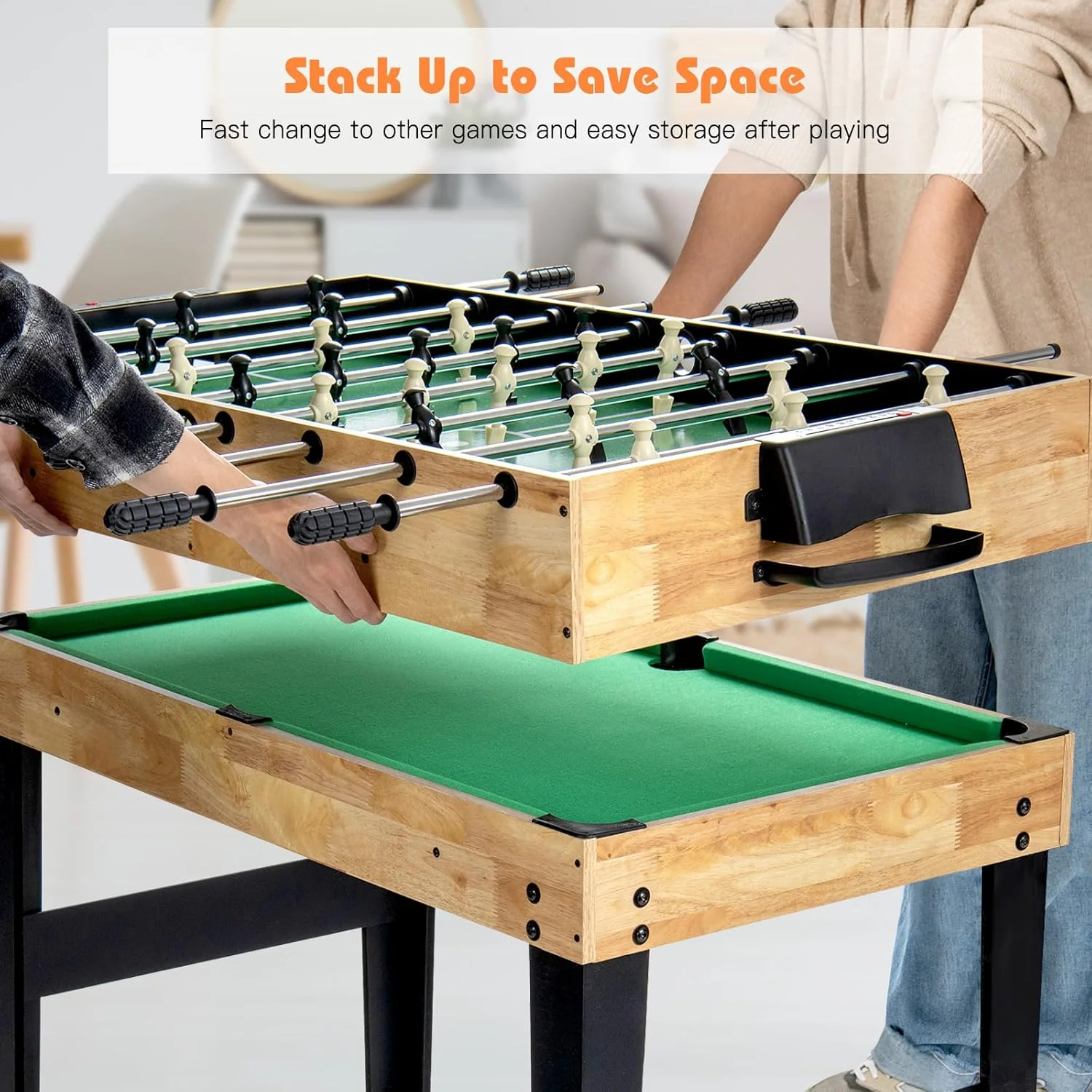 Multi-functional game table, 10-function combined game table, including a football table, air hockey table, billiards table, table tennis table, beach volleyball table, bowling table and 4 types of tabletop games. Green model.