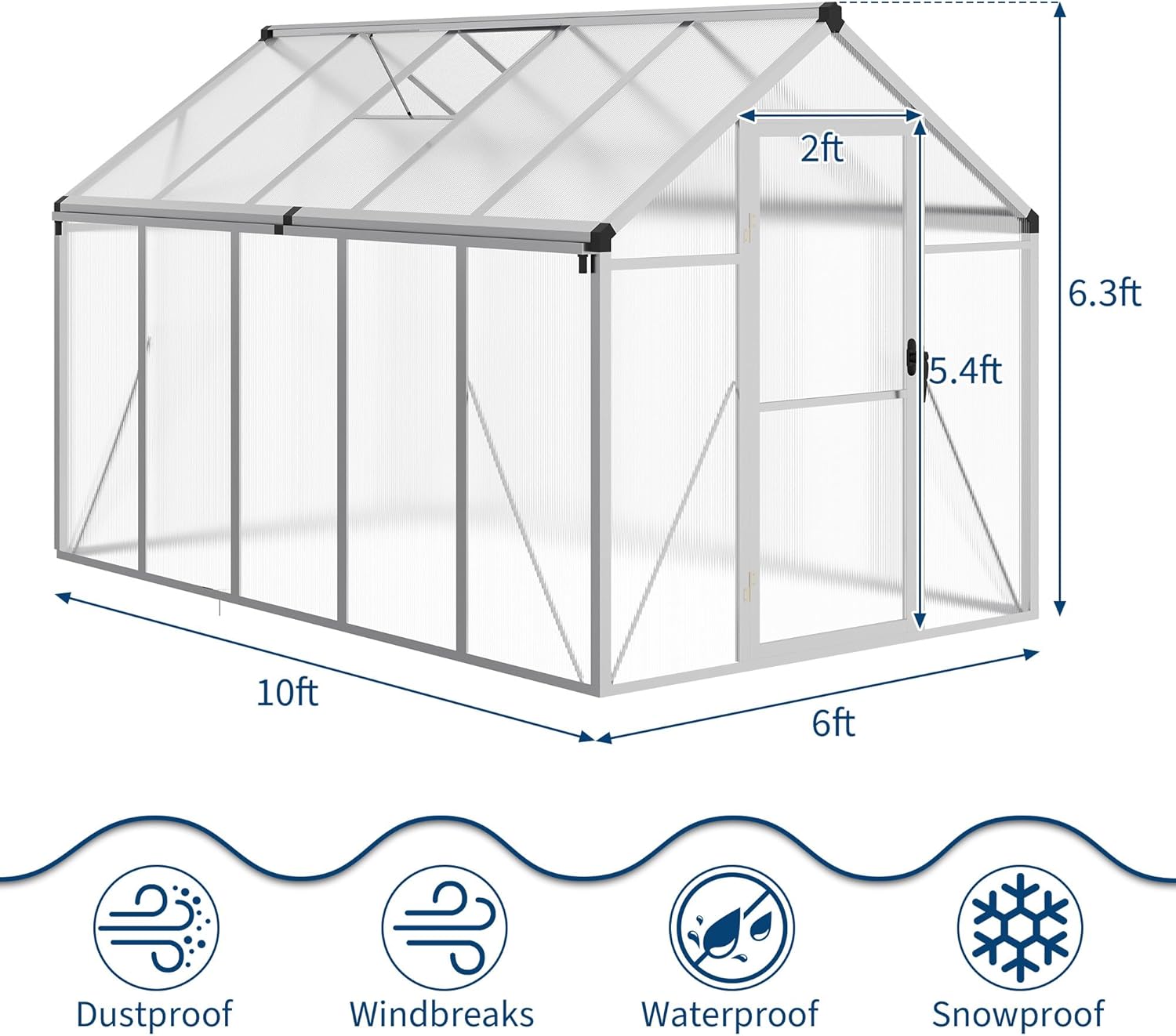 6 x 10 ft Greenhouse  Greenhouses for Outside  Polycarbonate Greenhouse with Aluminum Frame  Lockable Door and Ajustable Roof Vent for Backyard  Green Houses for Outside Garden Backyard  Patio