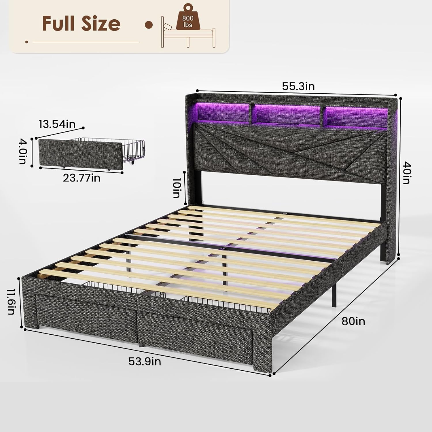 LED Full Size Bed Frame with 2 Storage Drawers, Upholstered Full Bed Frame with Headboard and Charging Station, No Box Spring Needed, Easy to Assembly-Dark Grey