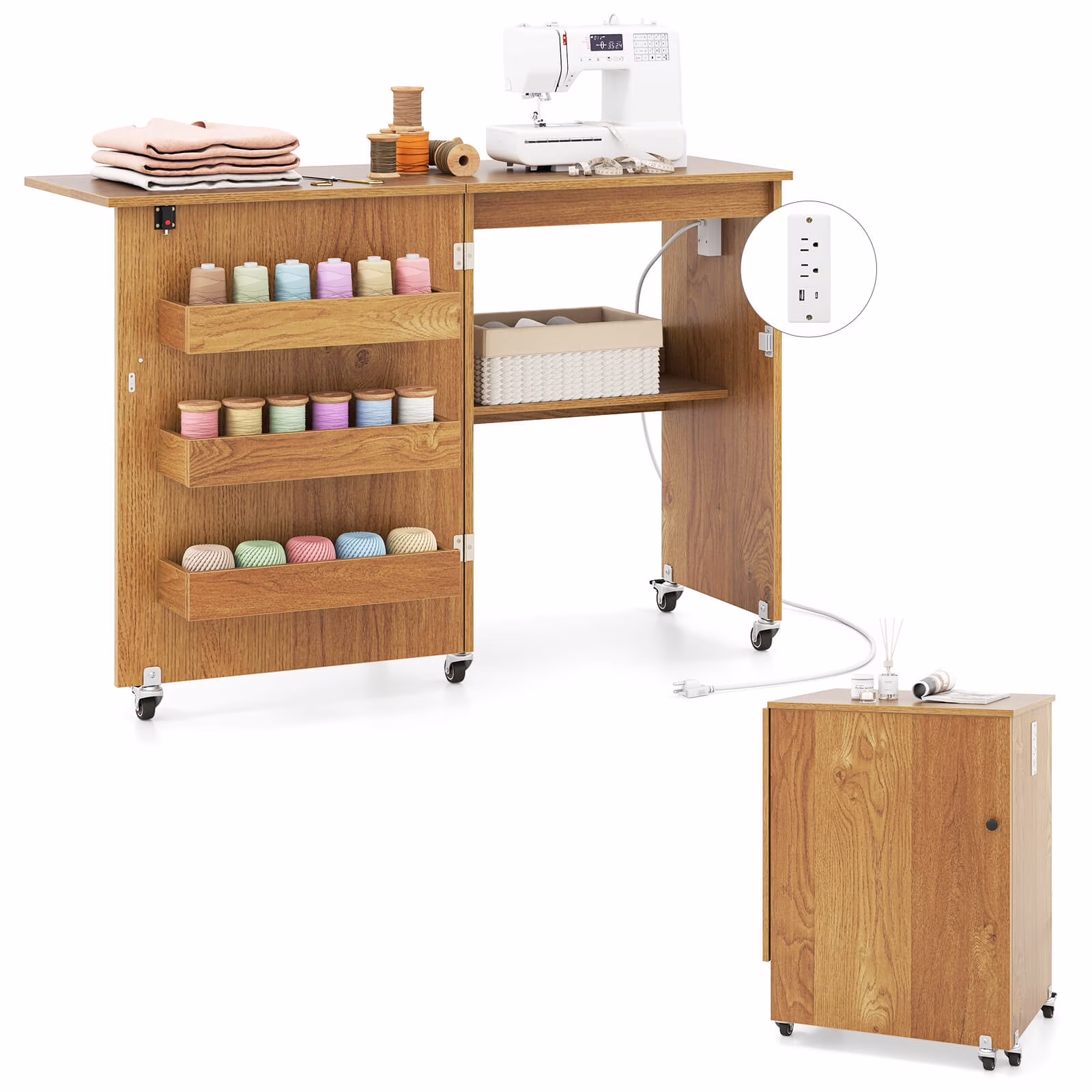 Costway Folding Sewing Table Rolling Craft Station with 3 Storage Bins & Charging Station Natural