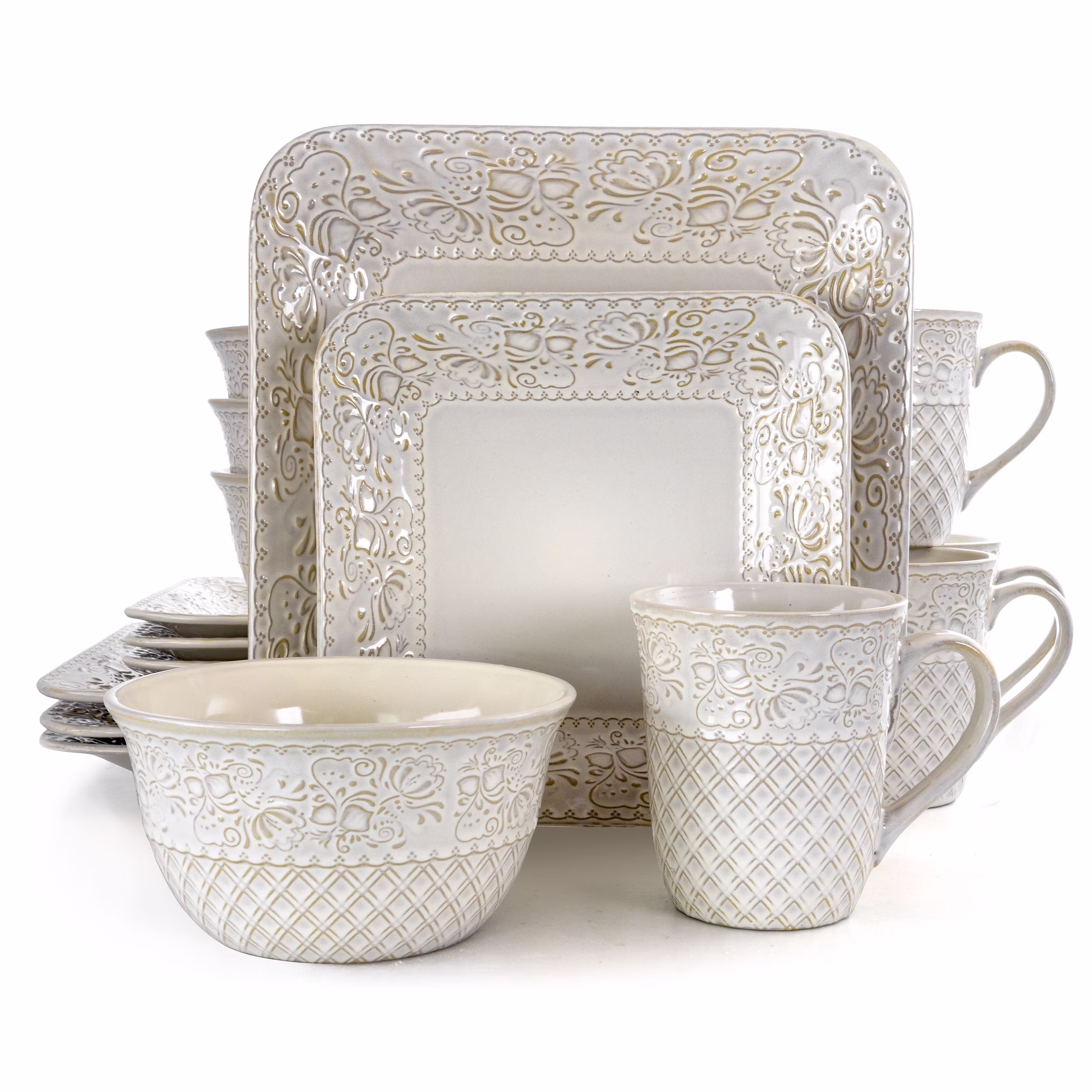 Elama Ivory Lotus 16 Piece Square Dinnerware Set