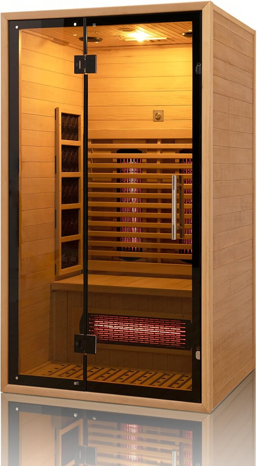 2 Person Red Light Far Infrared Sauna for Home 1750W/110V Canadian Hemlock Dry Indoor Saunas with LCD Panel Control Bluetooth Speaker Panoramic Tempered Glass