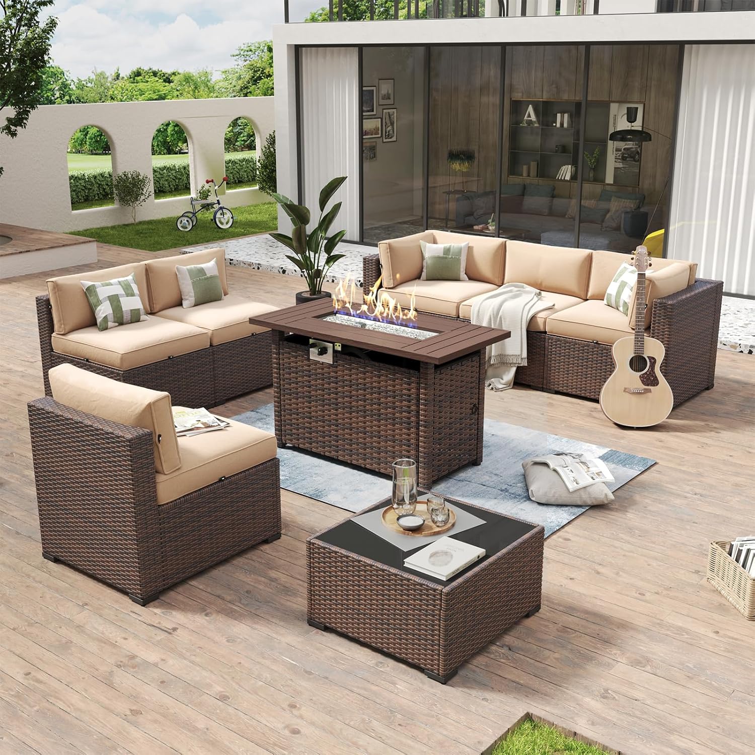 Aoxun 8 Piece Patio Furniture Set with 44” Fire Pit Table Wicker Rattan Outdoor Sectional Sofa Set with Coffee Table and Thickened Cushions  Beige (Waterproof Cover Included)