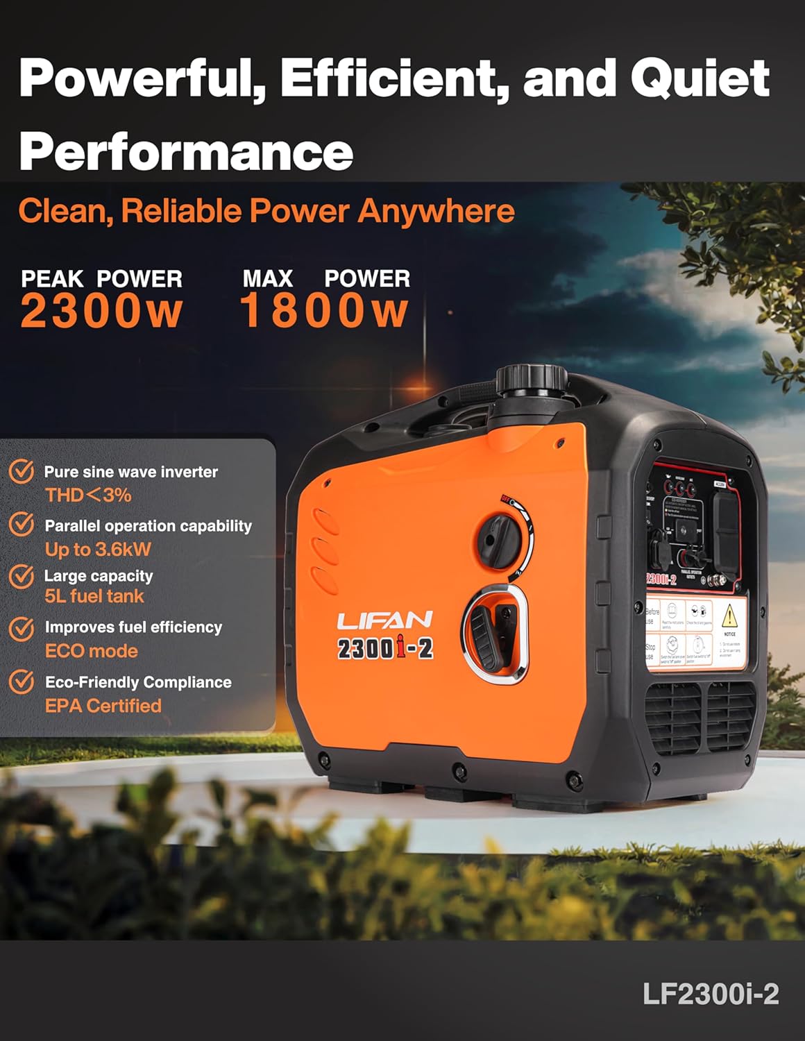 LIFAN 2300W Gasoline Inverter Generator - Portable  Quiet & Fuel-Efficient Power Solution for Home  Camping  RV & Emergency Use with Parallel Capability