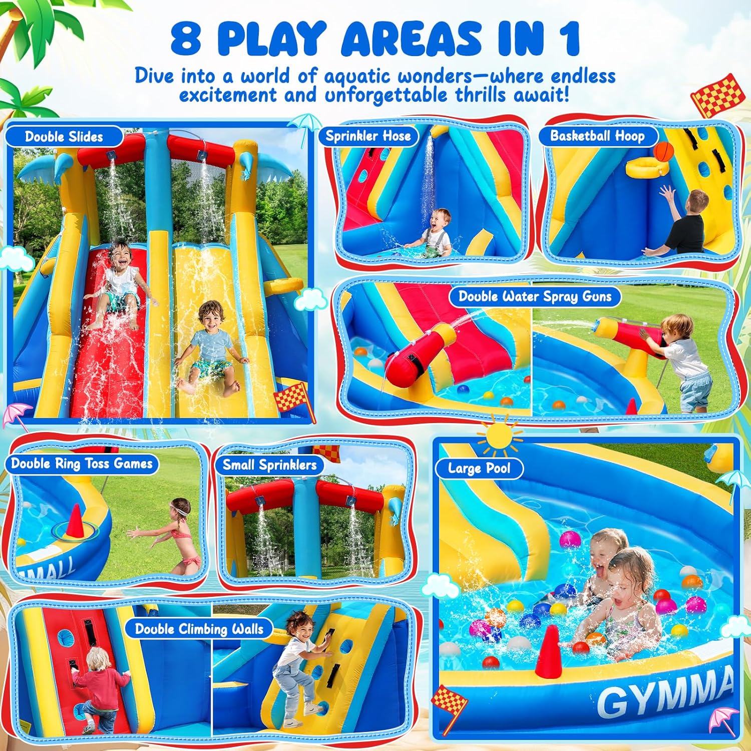 Inflatable Water Slide Bounce House with 550 W Blower, 8-in-1 Blow up Bouncy Castle Waterslide Park for Kids Outdoor and Indoor, Bouncer House with Large Pool, Double Slides and Climbing Walls