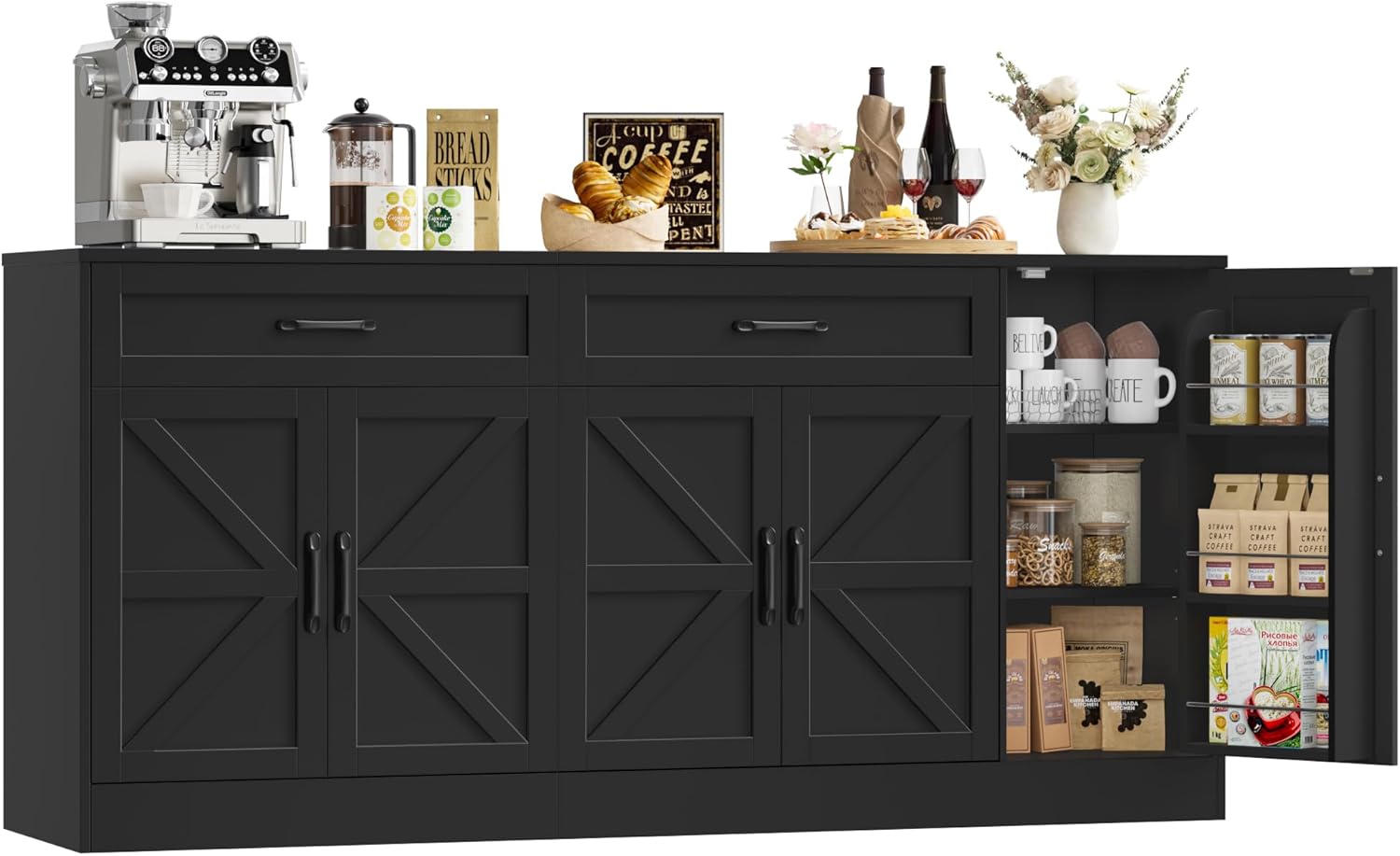 71” Large Sideboard Buffet Cabinet with Storage, Farmhouse Buffet Cabinet with Adjustable Shelves and 3 Door Shelves, Wood Coffee Bar Console Table for Kitchen, Dining Room (Black)