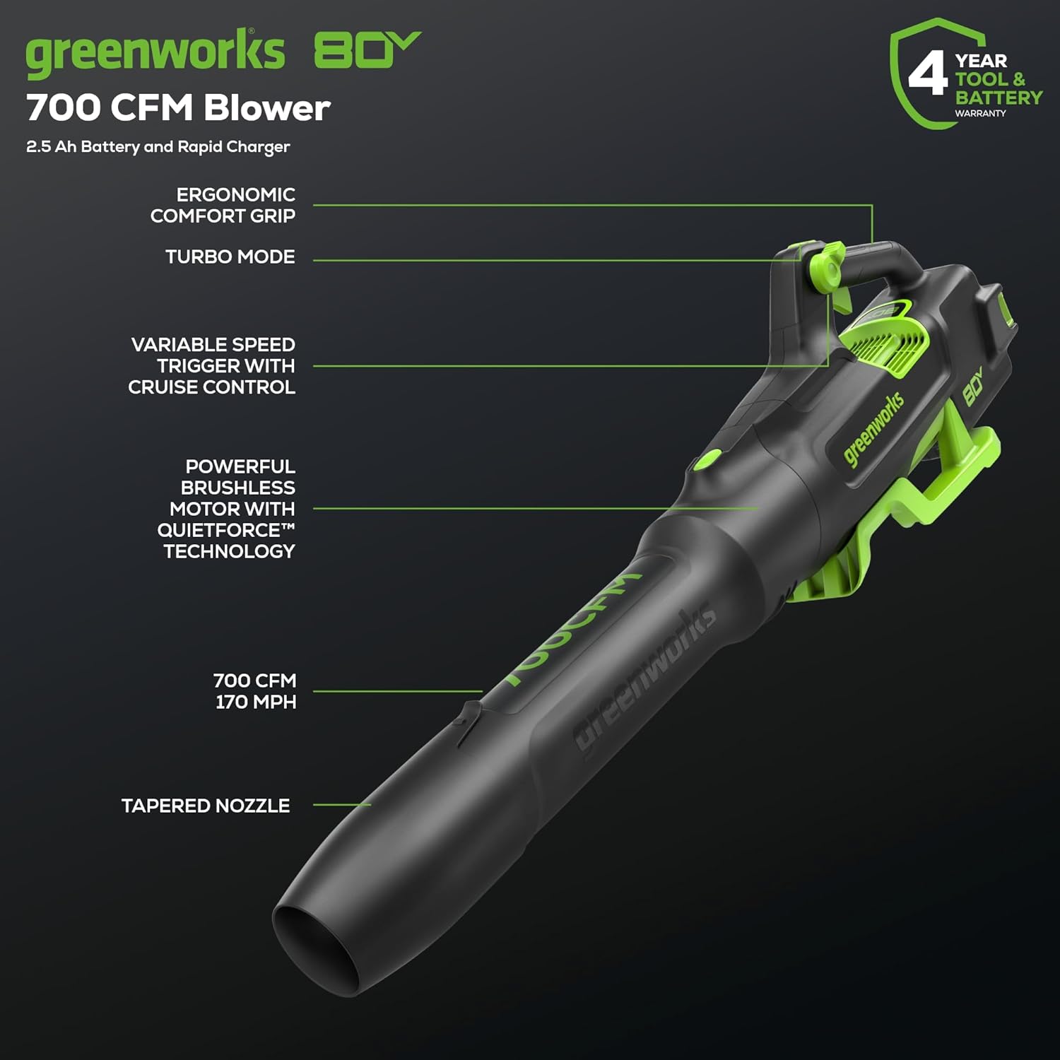 Greenworks 80V (700 CFM / 170 MPH) Brushless Cordless Leaf Blower  Commercial-Grade Power  40-Min Rapid Charger for Wet Leaves  Heavy Debris  Gravel and Driveway Snow  Includes 2.5Ah Battery & Charger