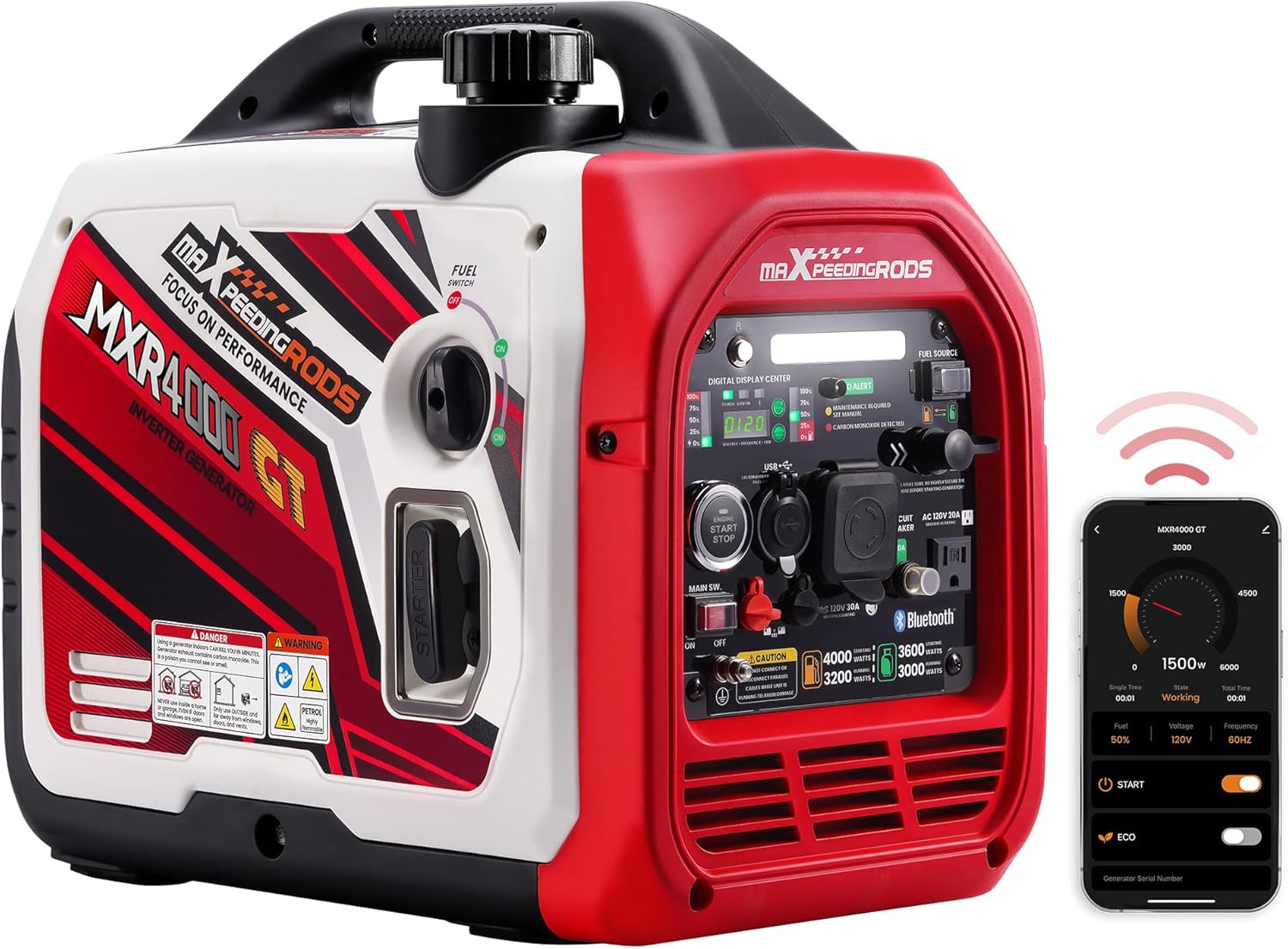 maXpeedingrods 4000 Watt Dual Fuel Inverter Generator with Bluetooth® Control Start and Display  RV Ready  Electric Start  Quiet for Outdoor Camping  Home Backup  Garden，PGMA Compliant