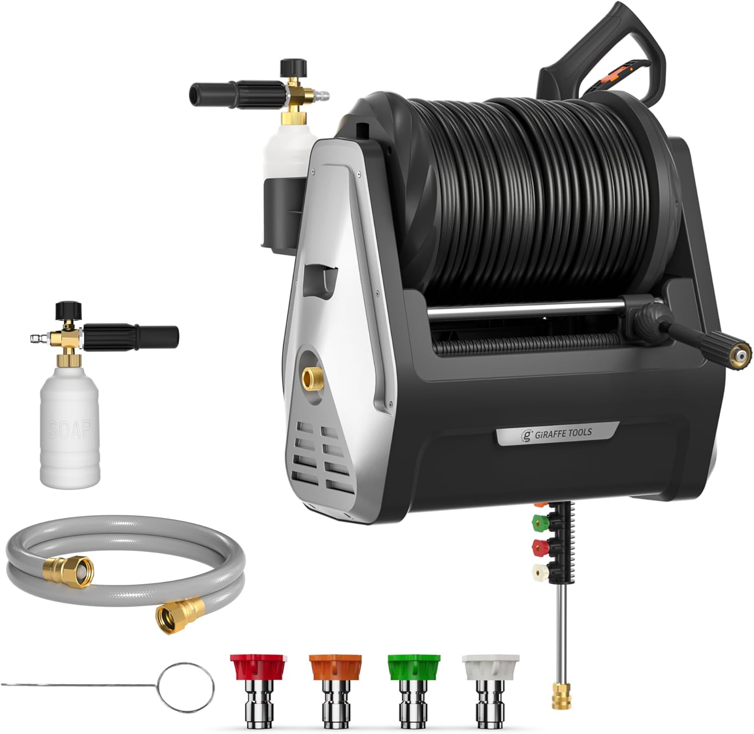 Giraffe Tools Wall Mounted Pressure Washer Essential with Upgraded 1800W Motor  2900 PSI  2.2 GPM Electric Power Washer  Automatic Rewind  100ft Pressure Hoses  5 Nozzles for Floor/Cars/Fences/Patios