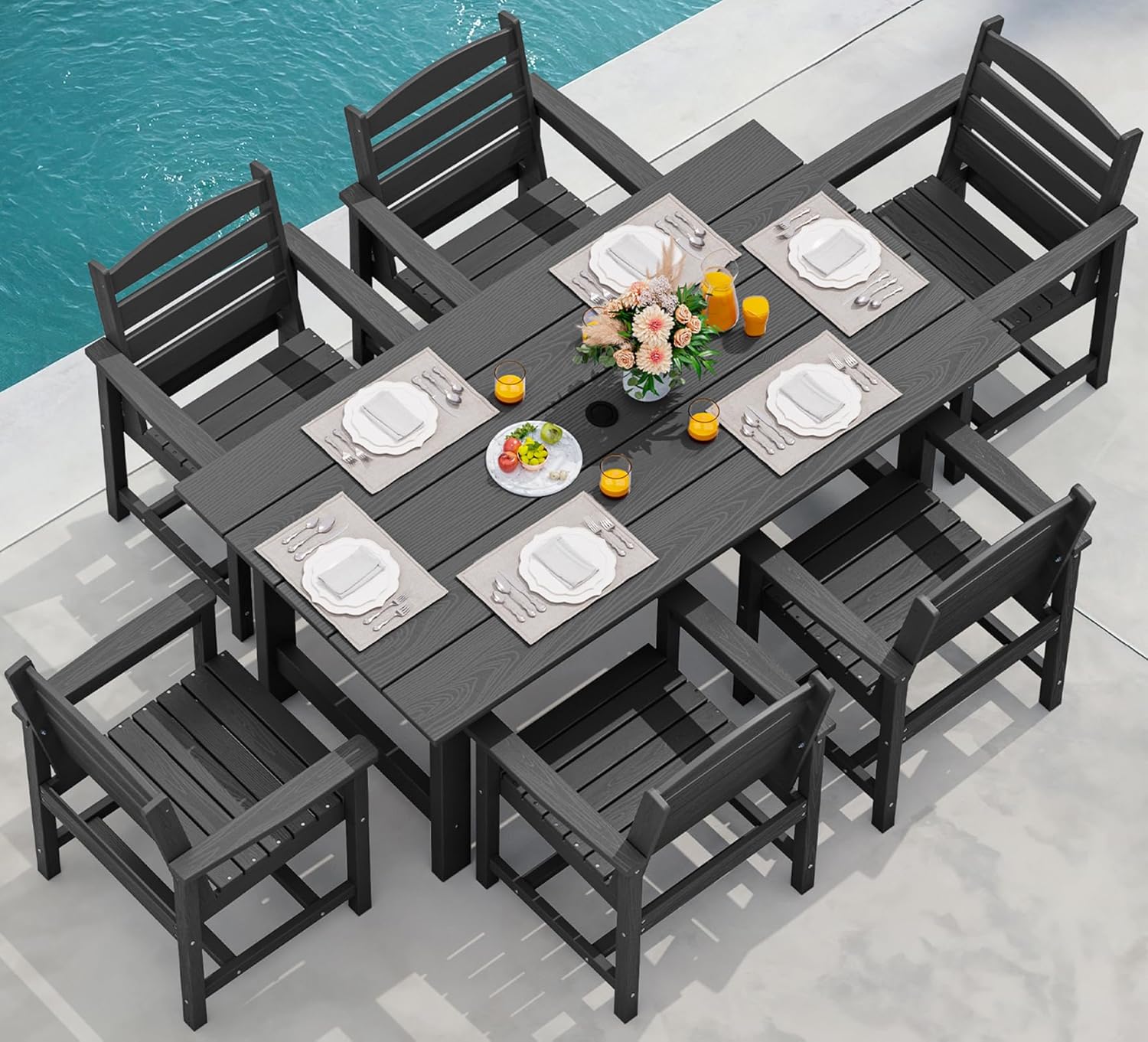 SERWALL 7-Piece Patio Dining Table Sets  Outdoor HDPE Dining Furniture Set with Umbrella Hole Cut-Out Table and 6 Chairs  Black