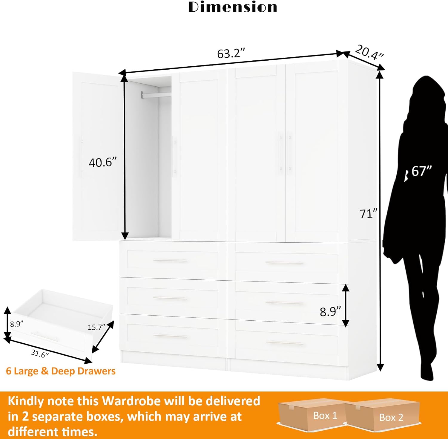 Armoire Wardrobe Closet with 6 Deep Drawers and Doors 71
