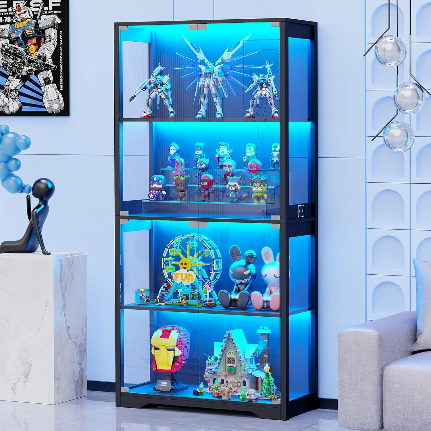 Display Cabinet with Glass Doors, 4-Tier Curio Cabinet with 3 Color Lights for Collectibles, Bookcase for Books Trophy, Glass Display Case with Human Body Sensor, Storage Cabinet, Black