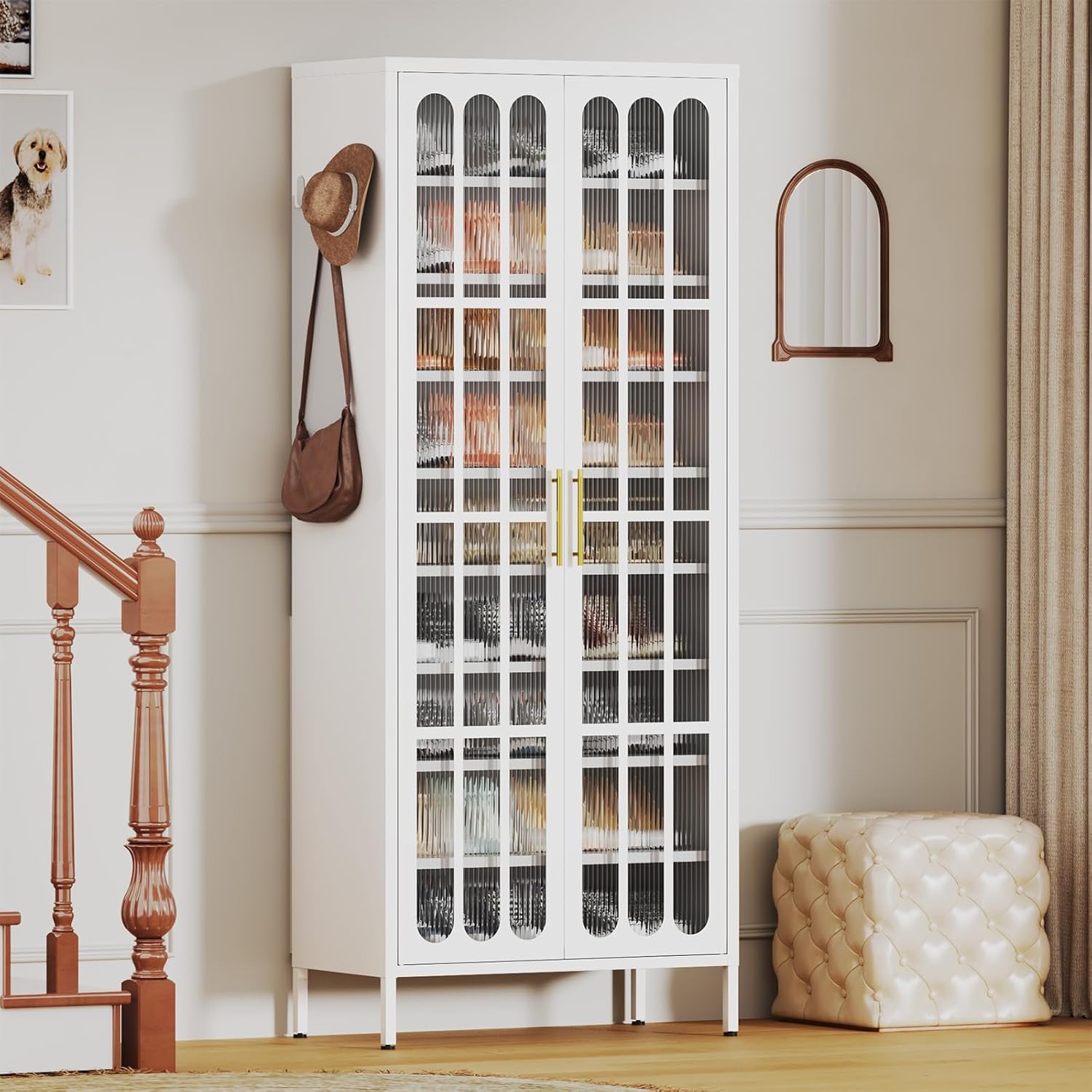 9-Tier Large Metal Shoe Storage Cabinet with Fluted Acrylic Doors & 8 Adjustable Shelves, Holds 27-36 Pairs, 67