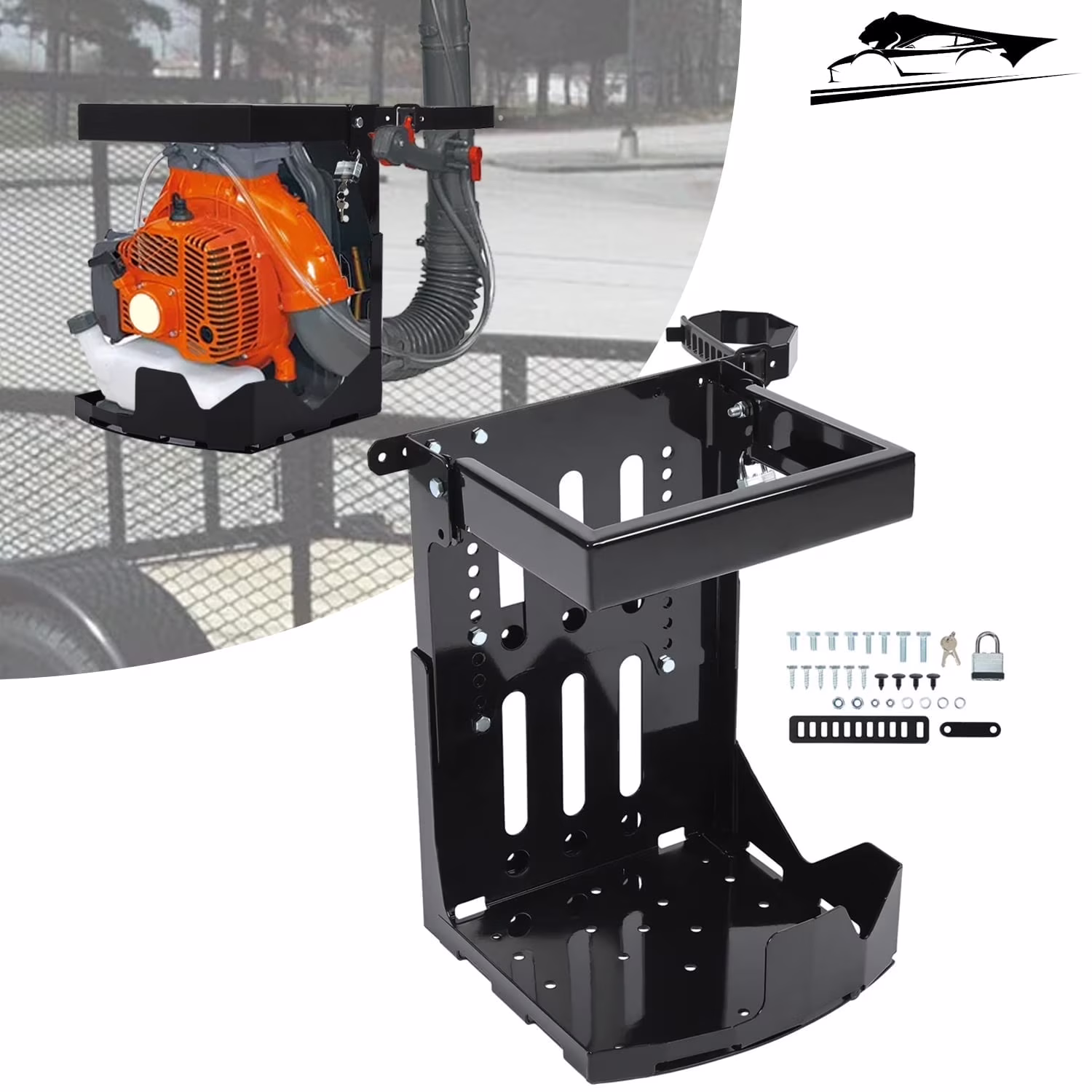 KOJEM Backpack Blower Rack Holder with Lock Fit for Backpack Leaf Blowers Fit for Open and Enclosed Landscape Trailer & Truck Adjustable